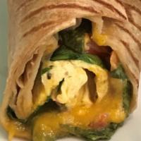 Breakfast Wrap · egg, turkey bacon, cheddar cheese, spinach, tomato, in a whole wheat wrap