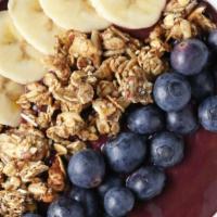 Acai Bowl · Acai, strawberries, banana,blueberries, nut granola topped, coconut flakes, with honey