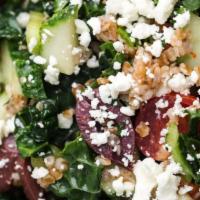 Mediterranean Spinach Salad · Spinach, feta, green pepper, cucumber, tomato, olives, balsamic vinaigrette