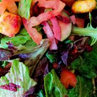 Fresh Greens Salad · Romaine lettuce, spring mix, cucumber, tomato, red onion, beets, croutons, citrus vinaigrette