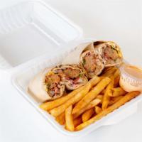 Chicken Kabob Wrap Combo · Two Chicken Kabob Wraps served with French Fries, Tomatoes, Onion, Cilantro, Parsley, & Jona...