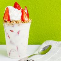Fresas Con Crema · Fresh strawberries with sweet cream, topped off with granola and whipped cream.