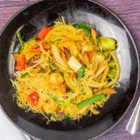 Singaporean Style Rice Noodle · Hot and spicy. Curry flavored with pork, shrimp, eggs, bell peppers, carrots, onion, bean sp...