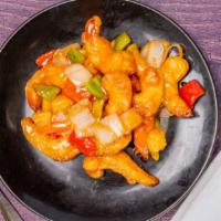 Sweet & Sour Shrimp · Bread shrimp with pineapple, onion, bell pepper, carrot, celery.