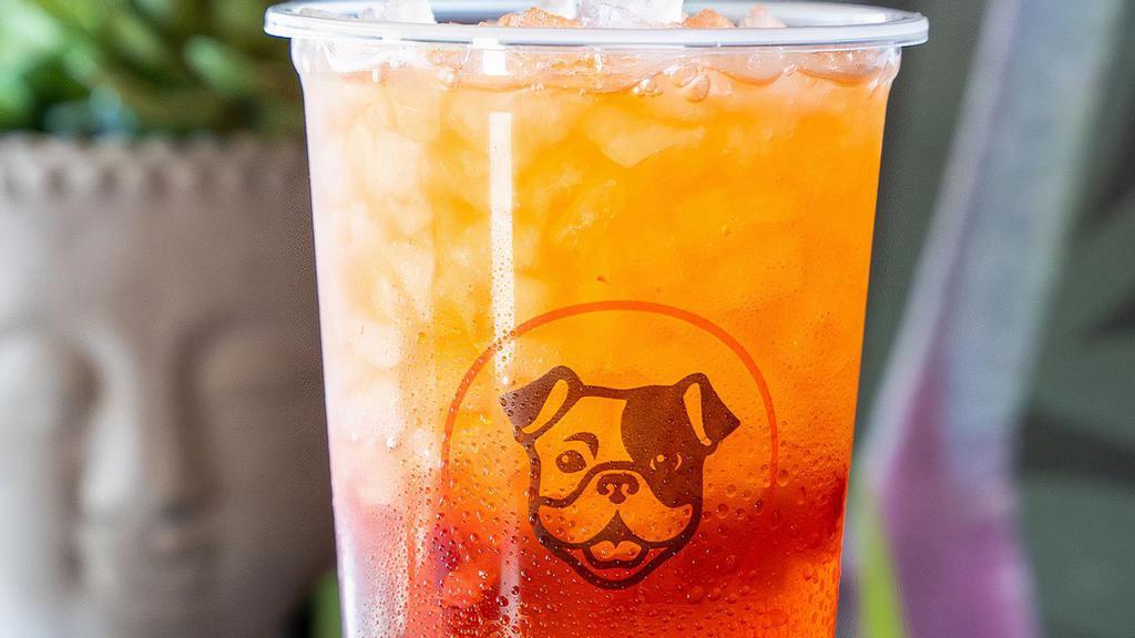 Strawberry Passion (Strawberry Bits) · A strawberry and passionfruit infused green iced tea with fresh strawberry bits inside