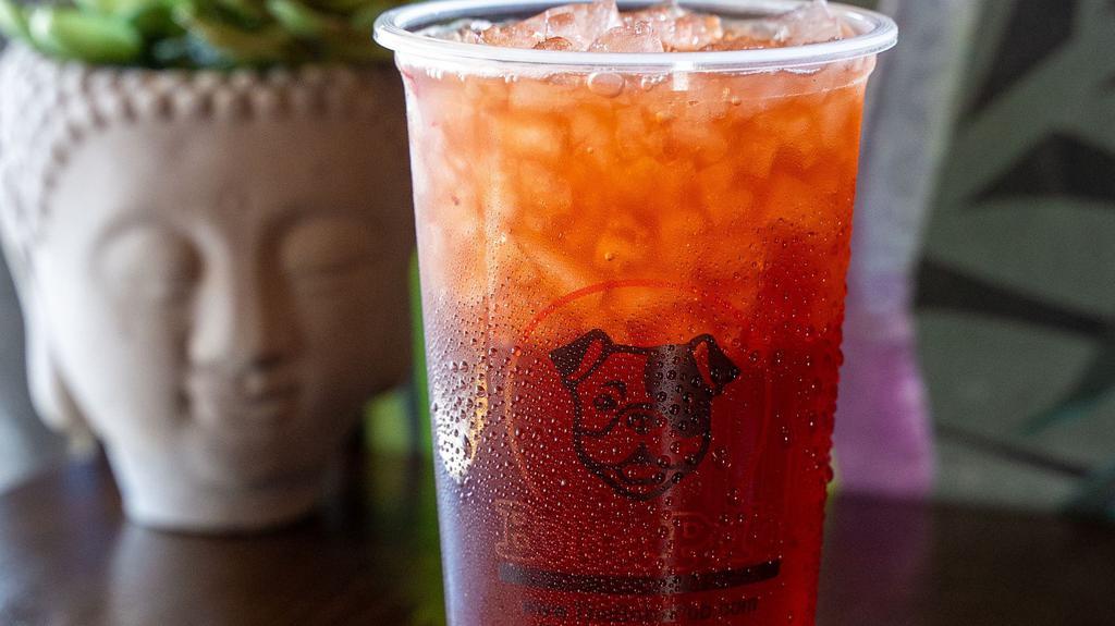 Pink Lychee (Lychee Jelly) · A  refreshing strawberry and lychee infused black iced- tea with lychee jelly at the bottom
