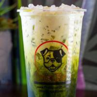 Iced-Matcha · Our slow brewed Iced matcha non dairy option available .