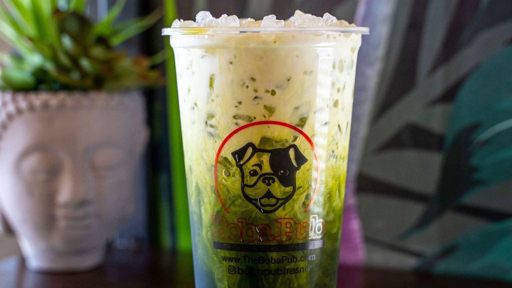 Iced-Matcha · Our slow brewed Iced matcha non dairy option available .