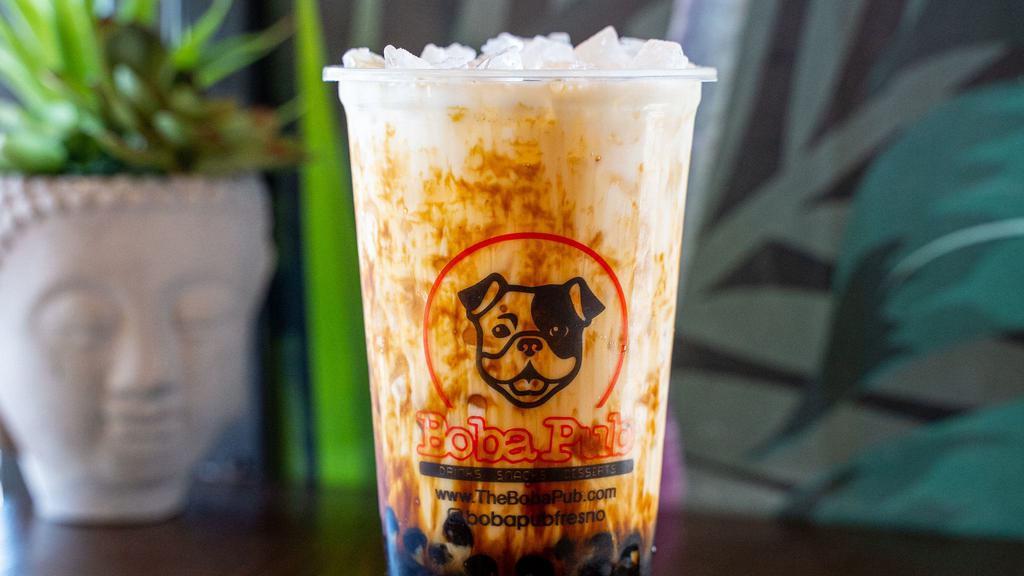 Dirty Brown Sugar Boba · Brown sugar boba with a twist. 2 shots added to wake you up.