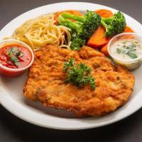 Chicken Milanese · Breaded chicken breast pan fried, with a lemon sauce, served with vegetables.