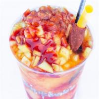Mango Frio (Mangonada) · Mangonada: mango slush with mango bits, Mexican candy, Mexican sauce