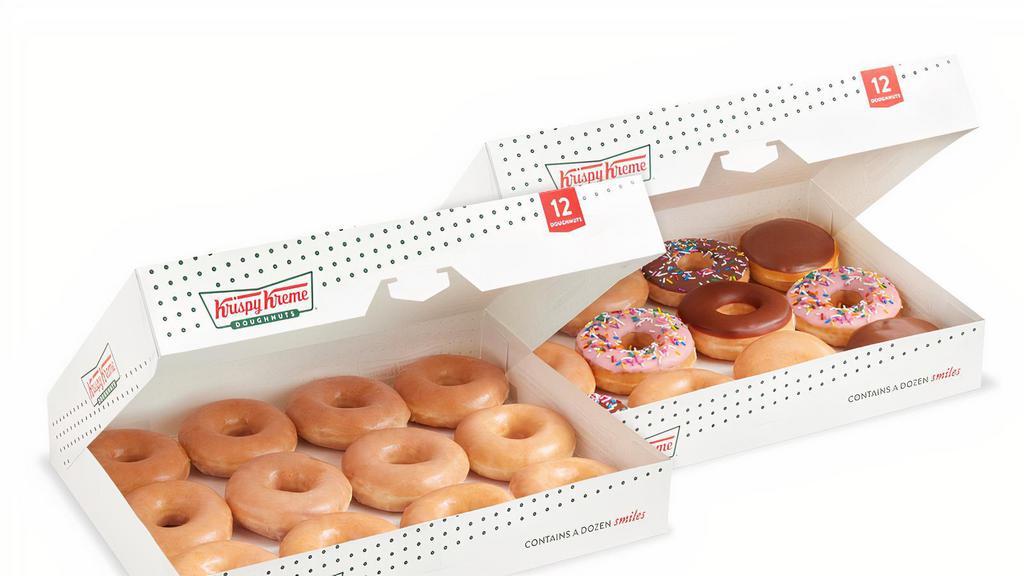 Original Glazed® Double Dozen & Classic Assorted Dozen · A dozen of our iconic Original Glazed® doughnuts plus a dozen assortment of our classic doughnuts, preselected just for you. Our dozens are made fresh daily then delivered to a location near you.