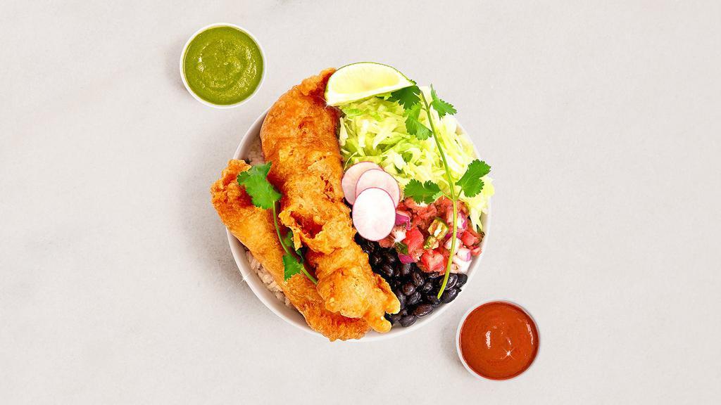 Beer-Battered Fish Burrito Bowl · Beer-battered fish, rice, black beans, pico de gallo, lettuce