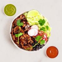 Mushroom Burrito Bowl · Mushroom, rice, black beans, pico de gallo, lettuce.