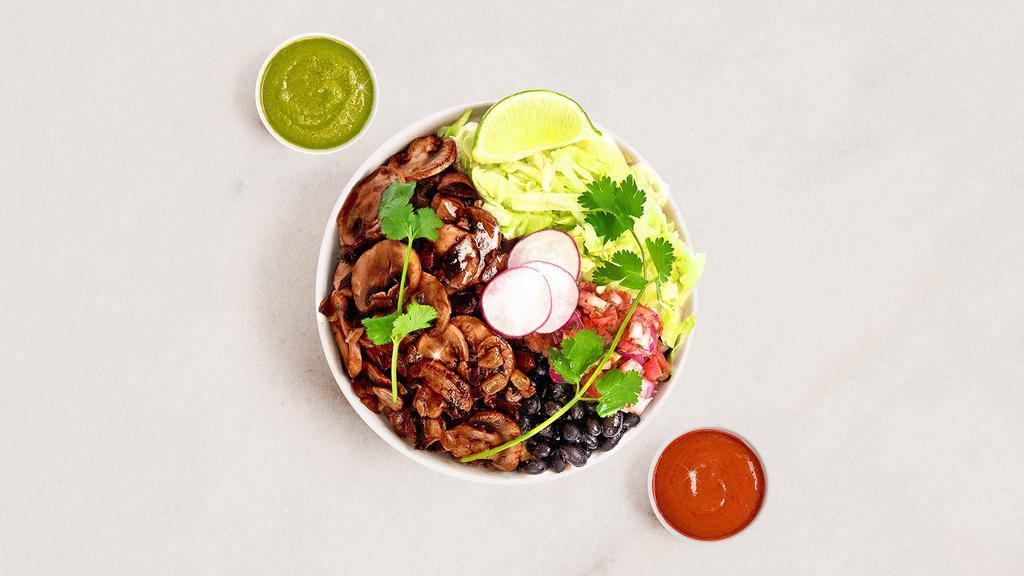 Mushroom Burrito Bowl · Mushroom, rice, black beans, pico de gallo, lettuce