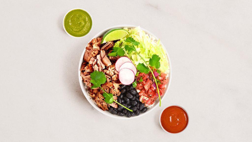 Carnitas Burrito Bowl · Carnitas, rice, black beans, pico de gallo, lettuce