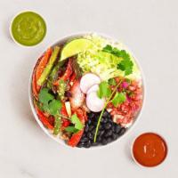 Fajita Veggie Burrito Bowl · Fajita veggies, rice, black beans, pico de gallo, lettuce