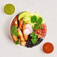 Grilled Fish Burrito Bowl · Grilled fish, rice, black beans, pico de gallo, lettuce.