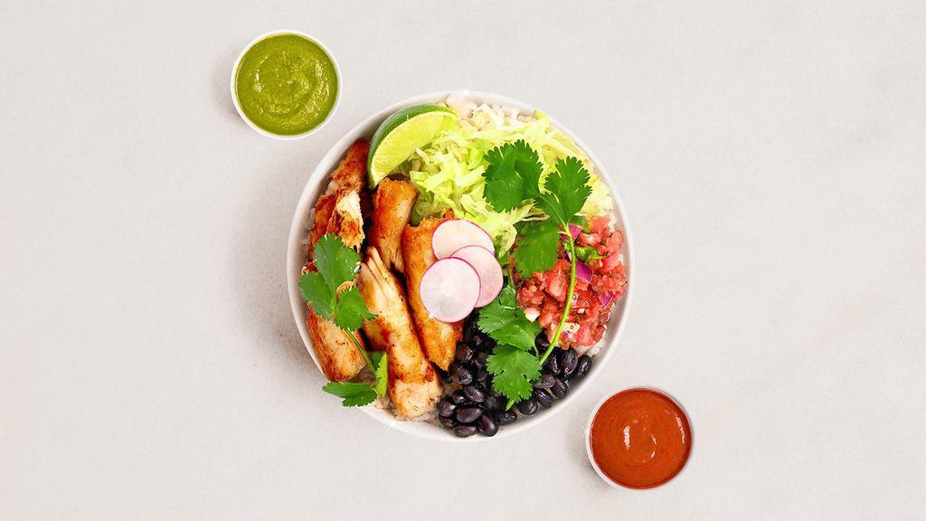 Grilled Fish Burrito Bowl · Grilled fish, rice, black beans, pico de gallo, lettuce