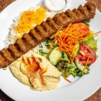 Koobideh Plate · Gluten free. Seasoned ground meat mixed with grated onion and grilled on open flame. Served ...