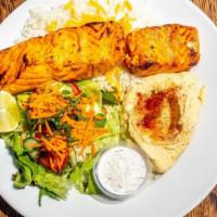 Salmon Kabob Plate · Gluten free. Grilled Atlantic salmon marinated in special saffron recipe. Served with white ...