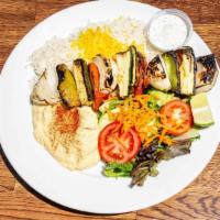 Veggie Kabob Plate · Vegetarian, gluten free. A combination of grilled bell pepper, zucchini, onion, and tomato. ...