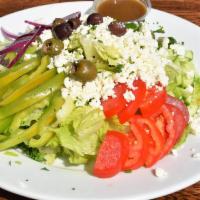 Greek Salad · Vegetarian, gluten free. Romaine lettuce, spring green mix, feta cheese, tomato, Persian cuc...