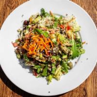 Organic Quinoa Salad · Vegetarian, gluten free. Organic quinoa cooked in vegetable stock with green mix, romaine le...