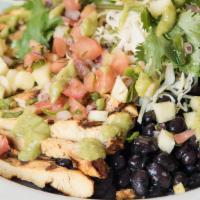 Chicken Bowl · grilled chicken breast, Spanish brown rice, cabbage, cilantro, black beans, pineapple pico d...