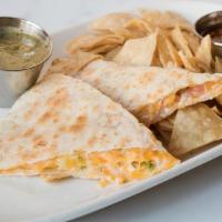 Cheese Quesadilla · house blend cheese, pico de gallo, flour tortilla served with chips and your choice of salsa.