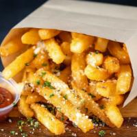 Side Pommes Frites · Truffle Fries with Parmesan & Parsley. Served with our made from scratch Grater Ketchup.