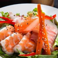 Seafood Salad · Mixed green salad with shrimp, octopus, halibut, crab stick.