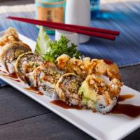 T-13 Black Dragon Roll · Soft shell crab, crab meat, avocado, cucumber, topped with fresh water eel and masago.