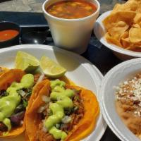 Birria Taco Plate · Three Angus Beef stew tacos served on a corn tortilla with melted cheese, top with onions, c...