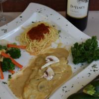 Pollo Marsala · Chicken sauteed in marsala and mushroom. Served with a side of pasta marinara and mix vegeta...