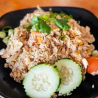 Spicy Basil Fried Rice · Fried rice with choice of meat, basil leaves, bell pepper and onion in spicy sauce.