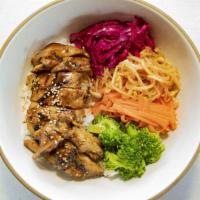Galbi Chicken Rice · Marinated Chicken Thigh, White Rice, Bugogi & Mayo  Sauce, Served with Broccoli, Bean Sprout...