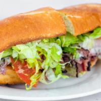 Hot Pastrami (Regular) · Hot pastrami with melted provolone cheese, mayo, mustard, lettuce, tomato, pickles, red onio...