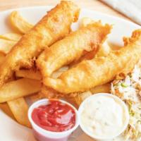 Fish & Chips · Beer battered atlantic cod served with crispy fries and tartar sauce and coleslaw.