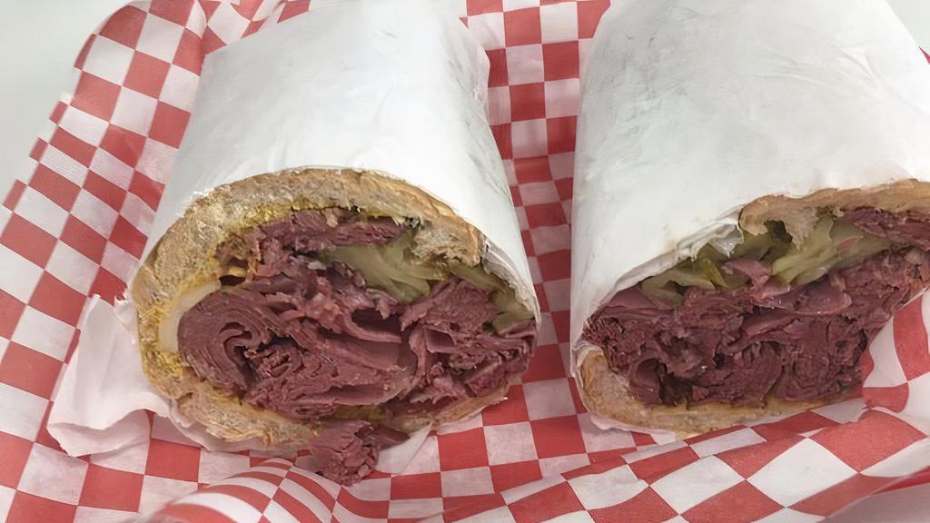 Beef Pastrami · French roll, beef pastrami, white American cheese, pickles, yellow mustard.