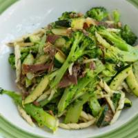 Trofie Al Gusto · Trofie pasta, prosciutto,broccoli, artichokes, zucchini, pine nuts in olive oil and garlic.
