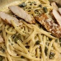 Chicken Piccata Linguine · Lemon sauce with capers and parsley.