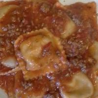 Meat Ravioli · Choice of sauce, pesto, Alfredo, chipotle, or marinara.