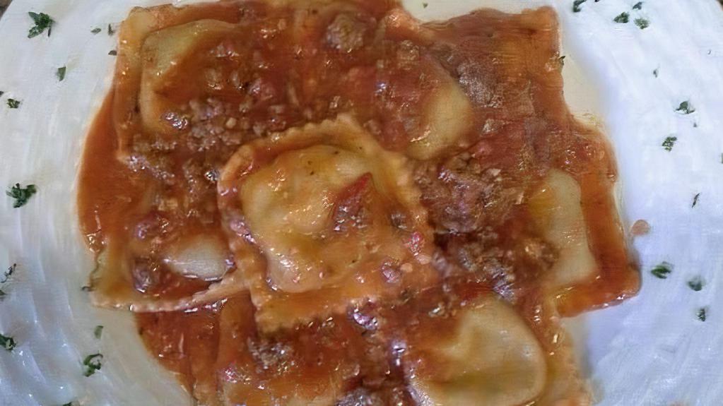 Meat Ravioli · Choice of sauce, pesto, Alfredo, chipotle, or marinara.