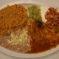 Chile Relleno Plate · Pasilla pepper stuffed with cheese and showered  with mild sauce. Served with rice, refried ...