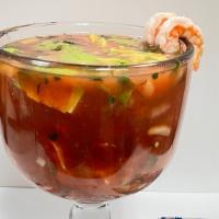 Coctel De Camaron · Cup with one dozen shrimp, tomato, onion, cilantro, jalapeño pepper, avocado, ketchup, and s...