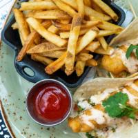 Crispy Fish Tacos · Cod, cabbage slaw, white cheddar, pico de gallo, chipotle buttermilk herb dressing, corn tor...