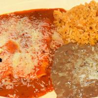 Enchiladas (Beeſ, Cheese, Or Chicken) · Two enchiladas topped with red sauce and cheese served with rice and beans.