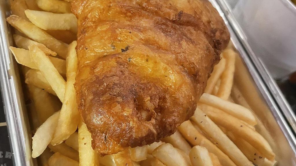 Fish & Chips · Beer battered Cod fried to order with shoestring french fries, tarter sauce and lemon wedge
