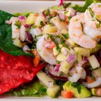 Ceviche · shrimp, red onions, tomatoes, cucumbers, and cilantro in lime marinade; served with avocado